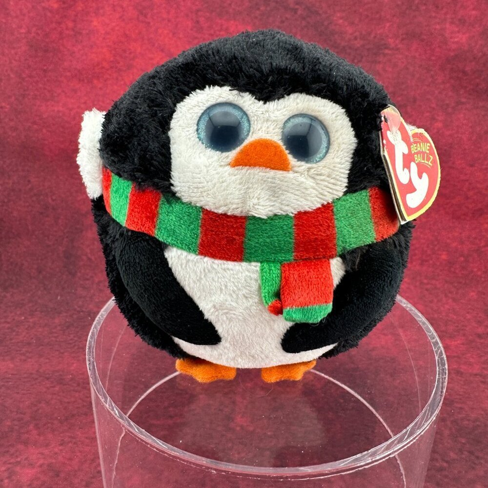TY BEANIE BALLZ "ICICLES" PENQUIN PLUSH TOY WITH STRIPED SCARF, 5 "
